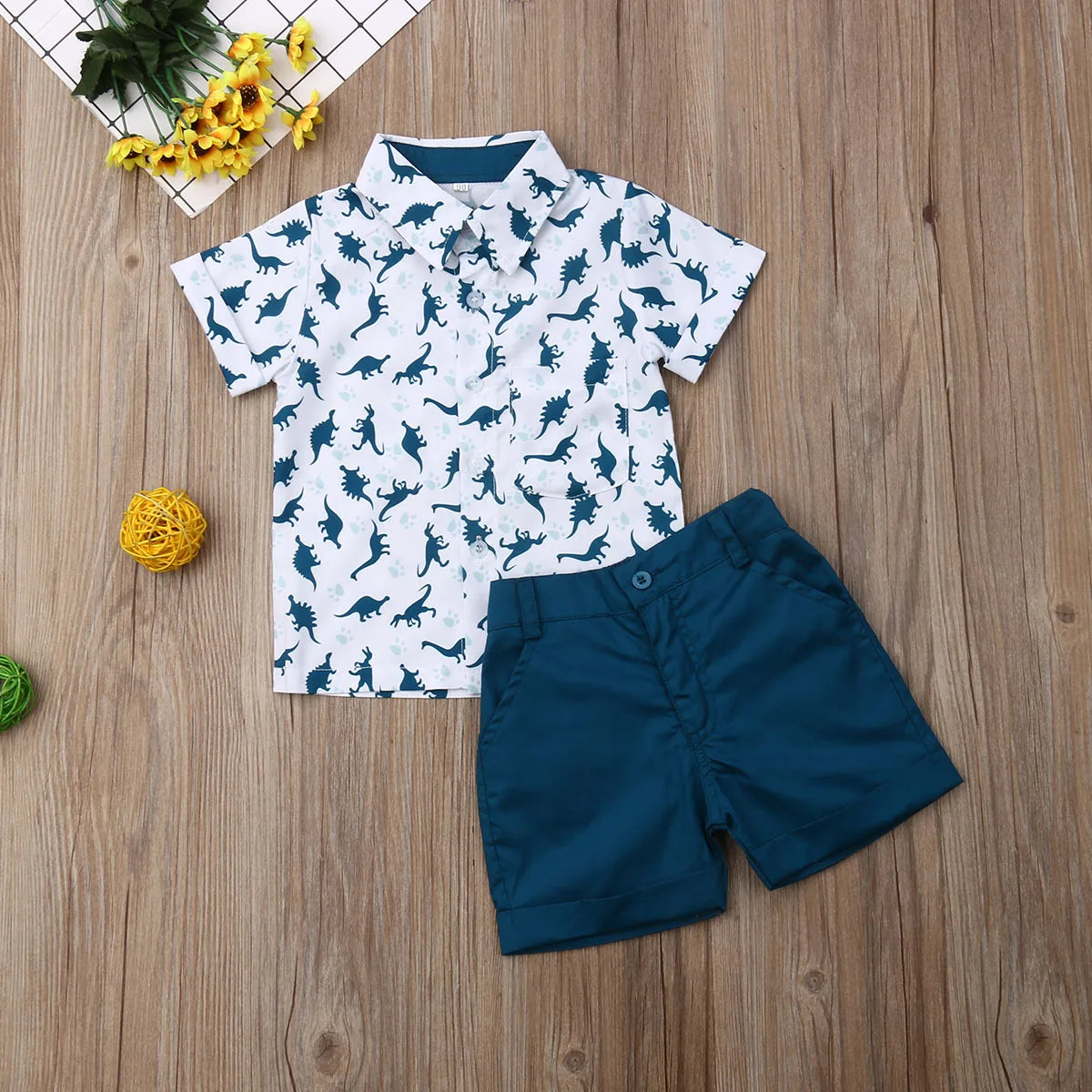 Dino Print Tee & Solid Shorts Set for Toddlers – Playful Summer Outfit