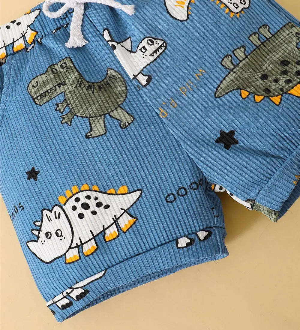 0-3 Years Toddler Baby Boy 2PCS Clothes Set Cartoon Dinosaur Blue Sleeveless Shirt+ Shorts Cute Style Soft Summer Daily Wear