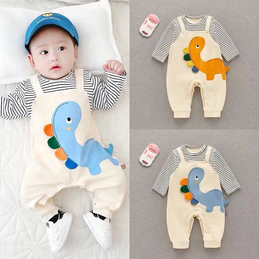 Newborn Boys Stripe Patchwork Romper with Cartoon Dinosaur Design