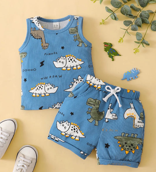 0-3 Years Toddler Baby Boy 2PCS Clothes Set Cartoon Dinosaur Blue Sleeveless Shirt+ Shorts Cute Style Soft Summer Daily Wear