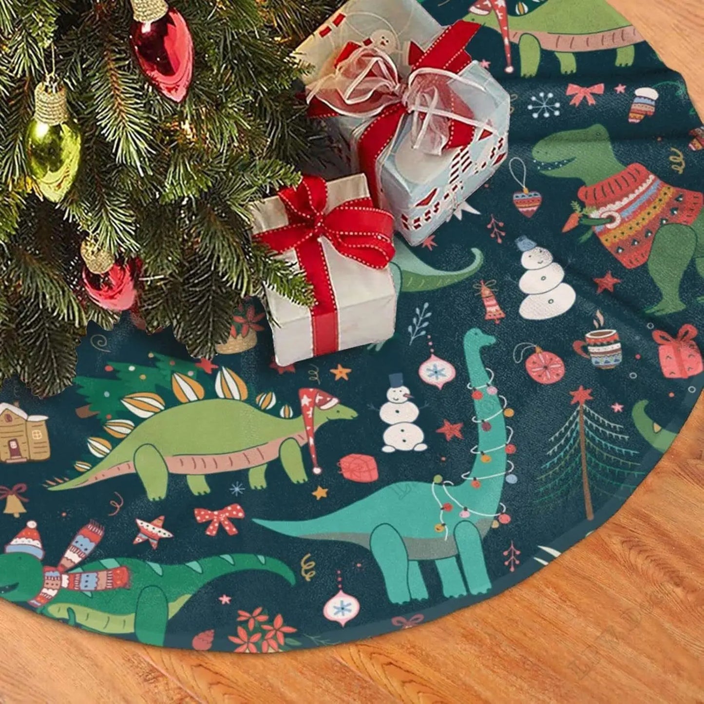 Christmas Tree Skirt 48 Inches Dinosaur Decorations for  for Farmhouse  Holiday New Year Party Circle Tree Mat  Ornaments