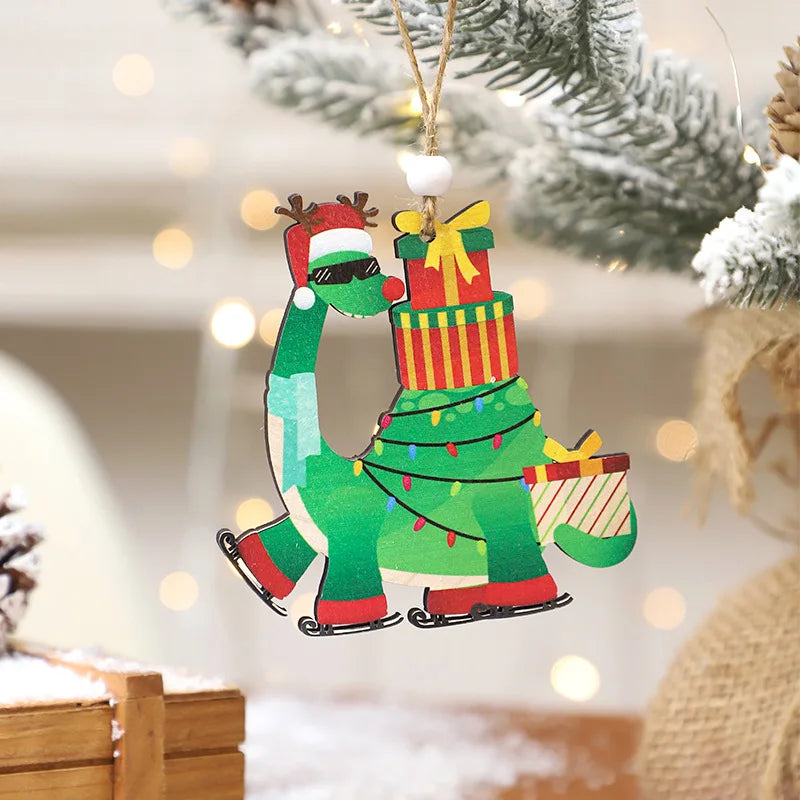 Christmas Decorations Cute Christmas Dinosaurs Wooden Crafts Christmas Tree Pendants