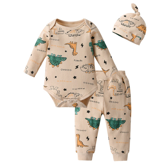 3PCS Newborn Baby Dinosaur Outfit – Romper Bodysuit, Pants, and Hat Set