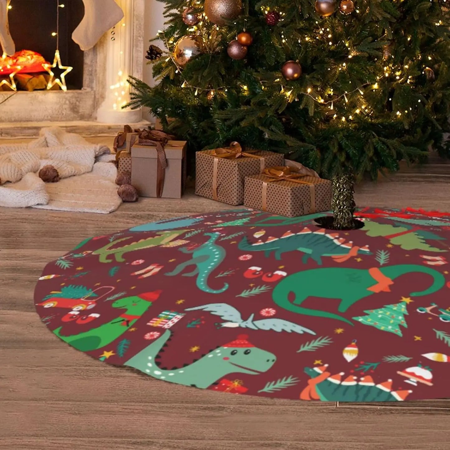 36" Christmas Tree Skirt Xmas Tree Mat, Funny Party Decor Supplies for Halloween Decorations Occasion Dinosaur