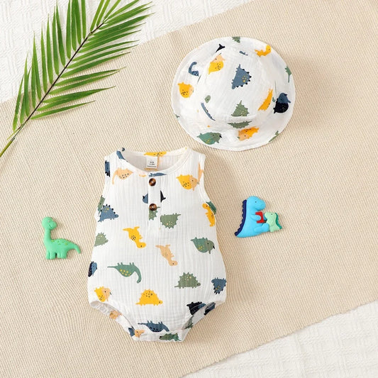 2PCS Clothing Set Newborn Baby Boy Dinosaur Print Sleeveless Bodysuit+Hat Cute Style Summer Photograph Outfit for 0-9 Months