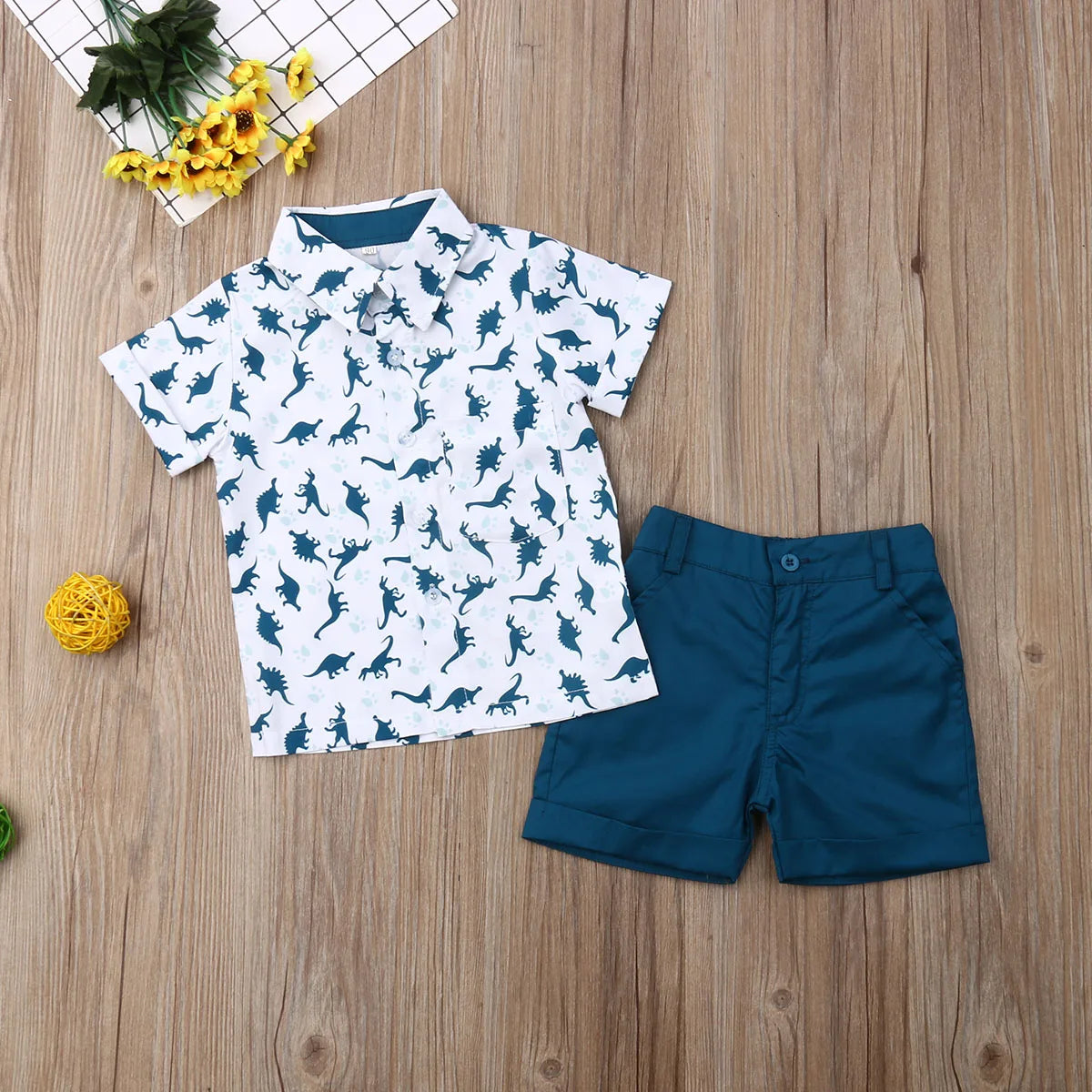 Dino Print Tee & Solid Shorts Set for Toddlers – Playful Summer Outfit