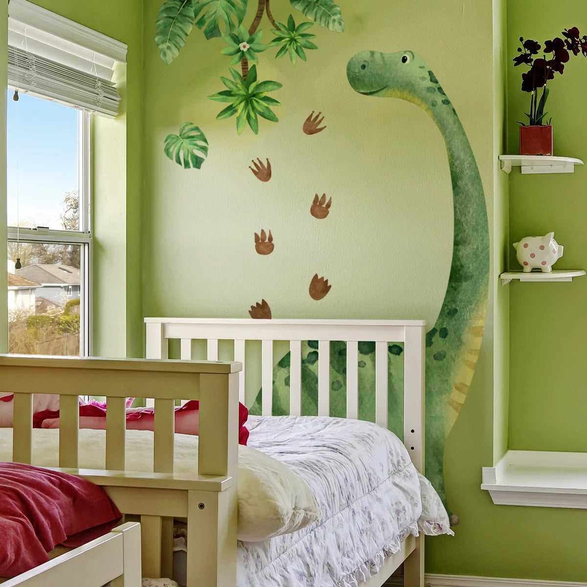 Cartoon Dinosaur Wall Sticker with Green Leaves & Footprints - Kids Room Decor, Self-Adhesive PVC