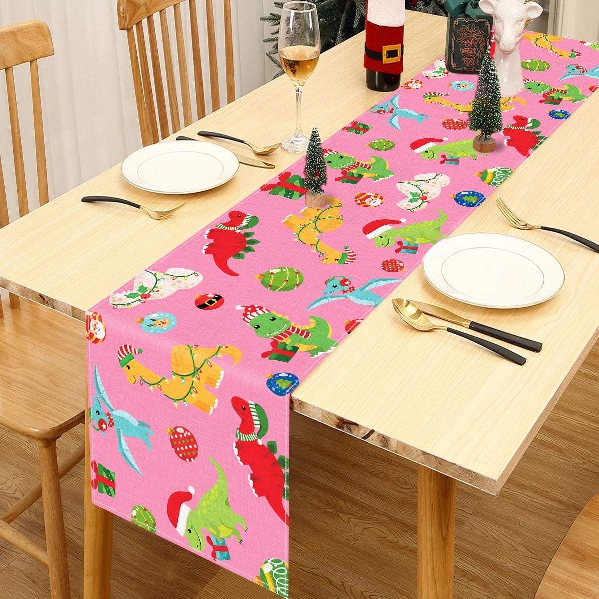 Christmas Dinosaur Table Runner Merry Christmas Decoration For Home 2024 Happy New Year 2025