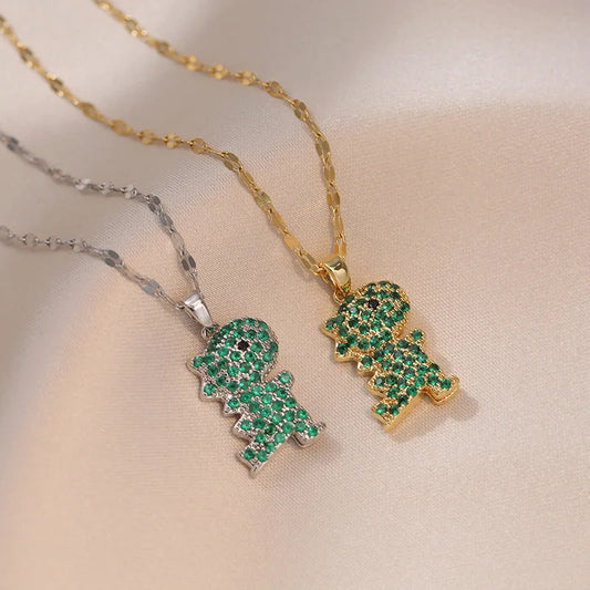 Stainless Steel Chain Classic Shiny Zircon Cute Dinosaur Pendant Necklace for Women Lady Vintage Jewelry Accessories Gifts