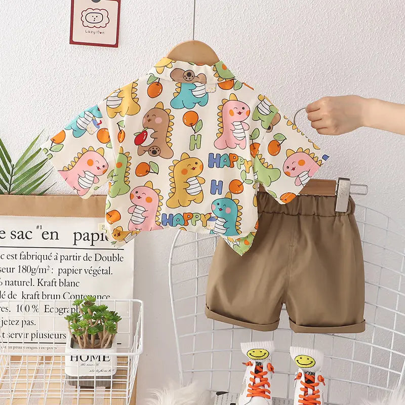 Cartoon Dinosaur 2-Piece Set for Kids – Short Sleeve Shirt & Pants Toddler Tracksuit