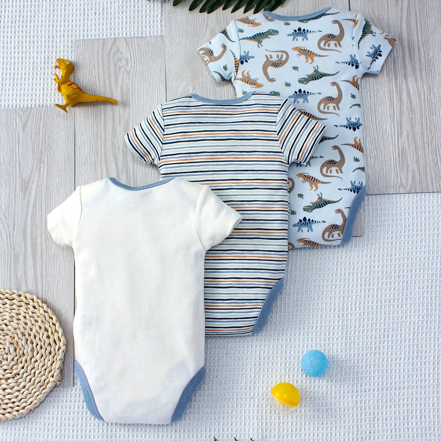 3-Piece Summer Baby Bodysuit Set – Cartoon Dinosaur & Stripe Patterns with Button Design, 0-9 Months