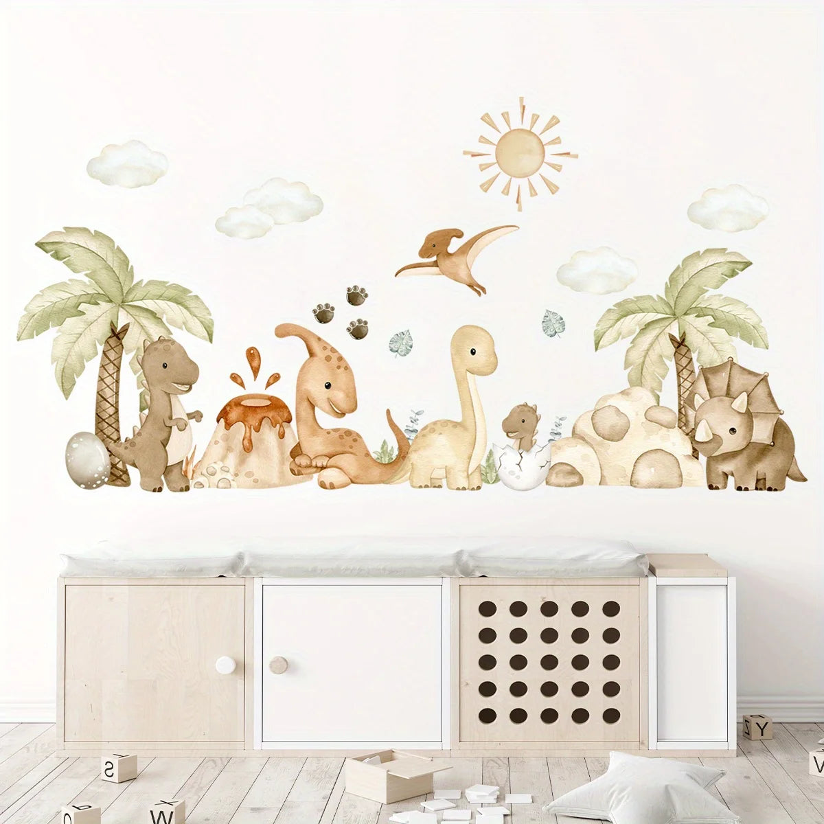 Pastel Beige Cartoon Dinosaur Wall Stickers with Clouds & Sun - Nursery & Bedroom Decor