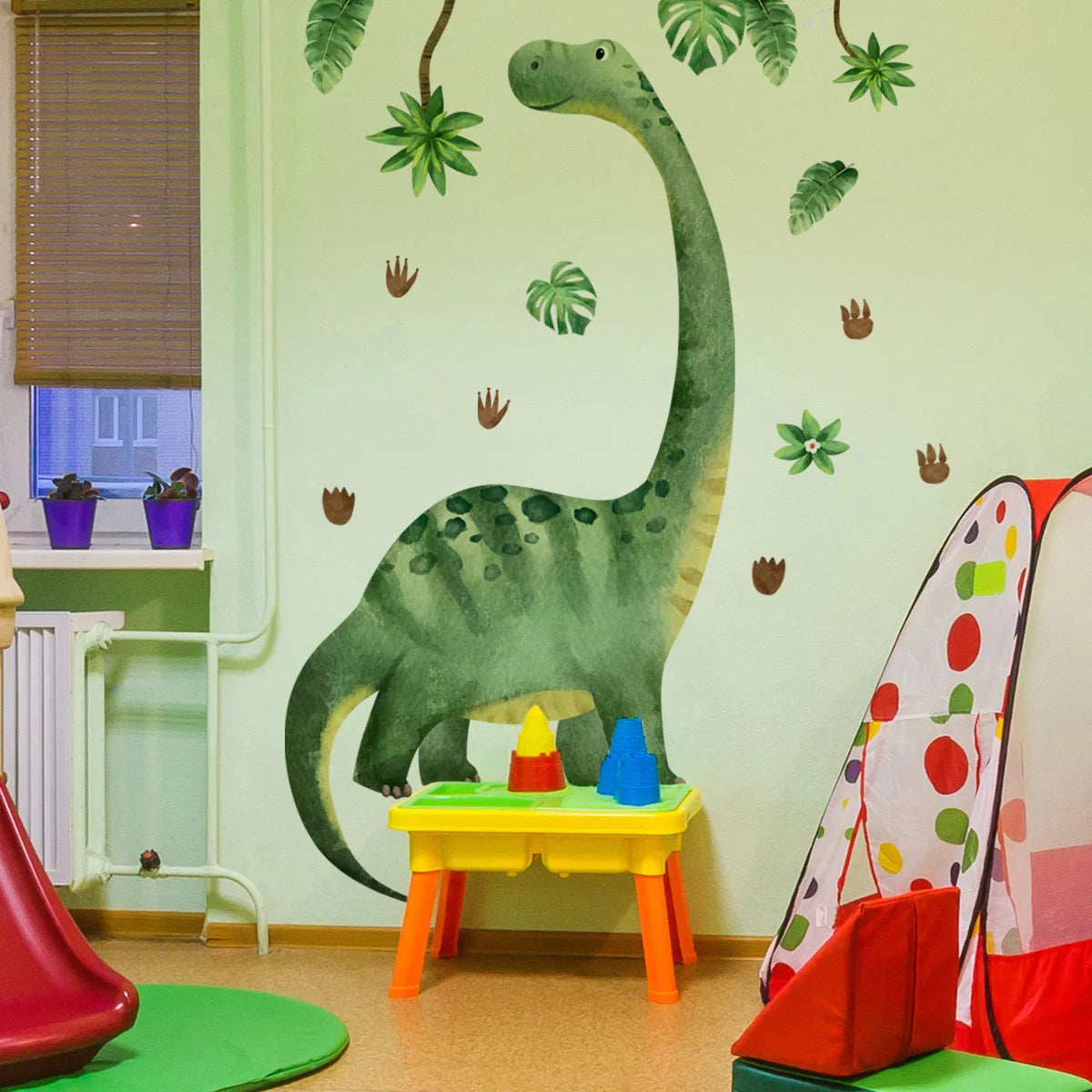 Cartoon Dinosaur Wall Sticker with Green Leaves & Footprints - Kids Room Decor, Self-Adhesive PVC