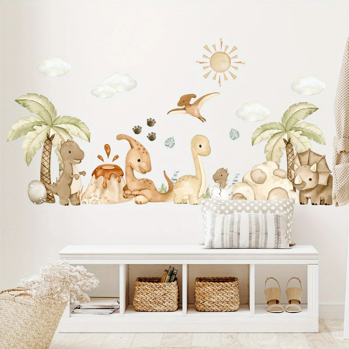 Pastel Beige Cartoon Dinosaur Wall Stickers with Clouds & Sun - Nursery & Bedroom Decor