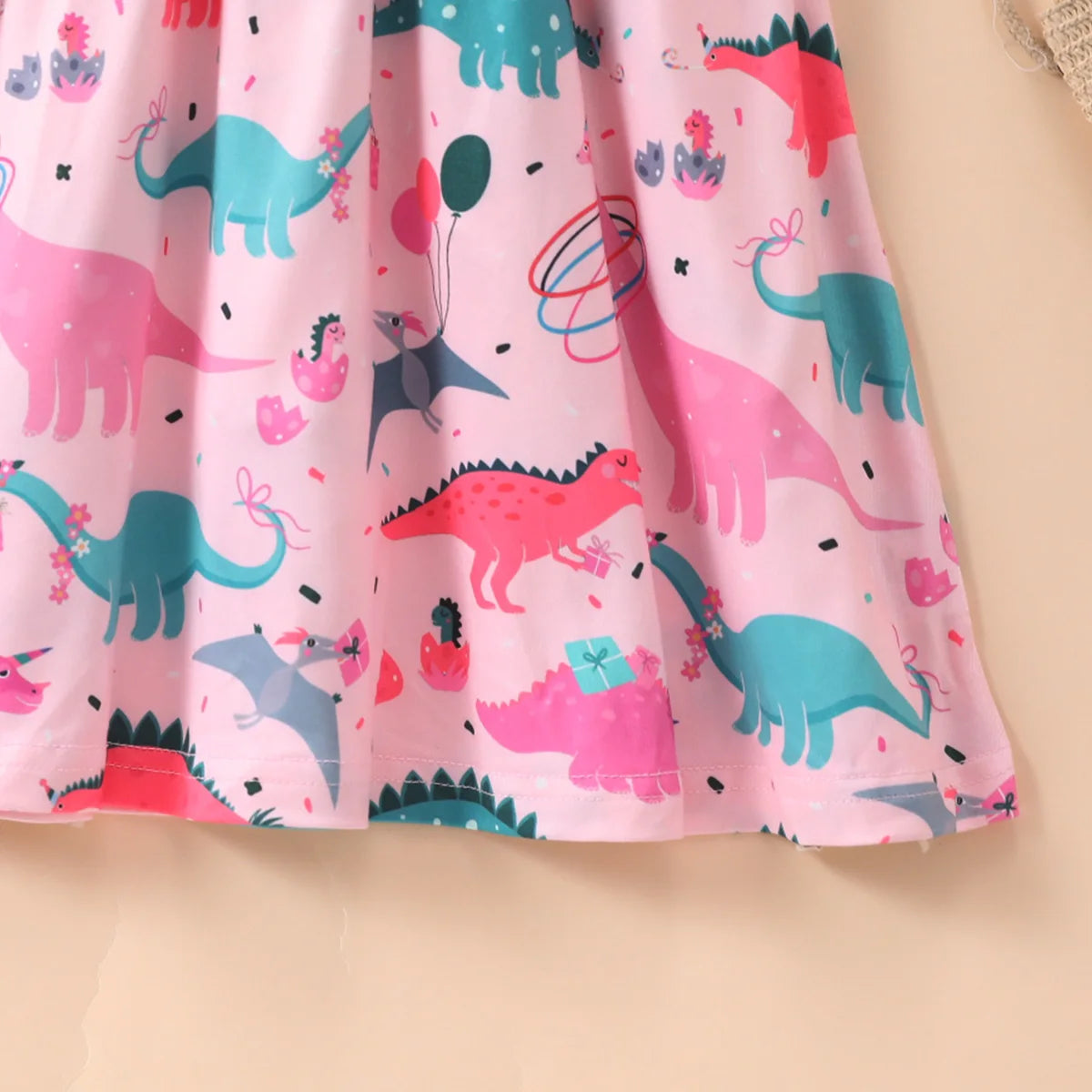 Pink Girl Dresses Dinosaur Print Flying Sleeve Summer Dress 2-8 Years