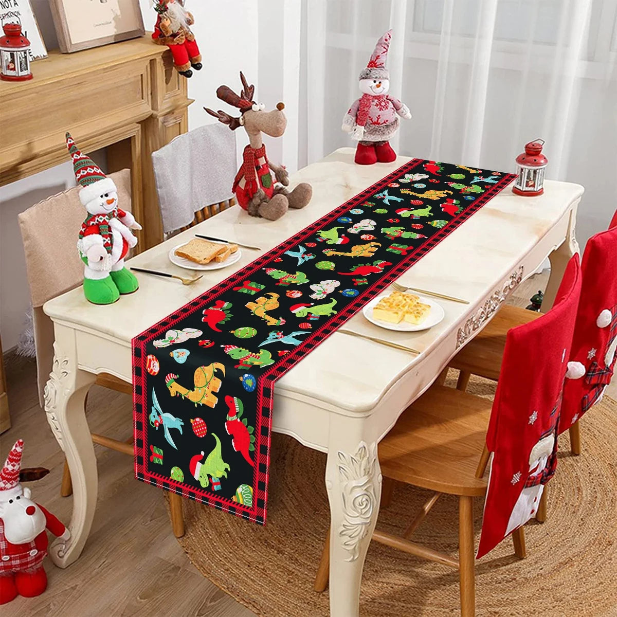 Christmas Dinosaur Table Runner Merry Christmas Decoration For Home 2024 Happy New Year 2025