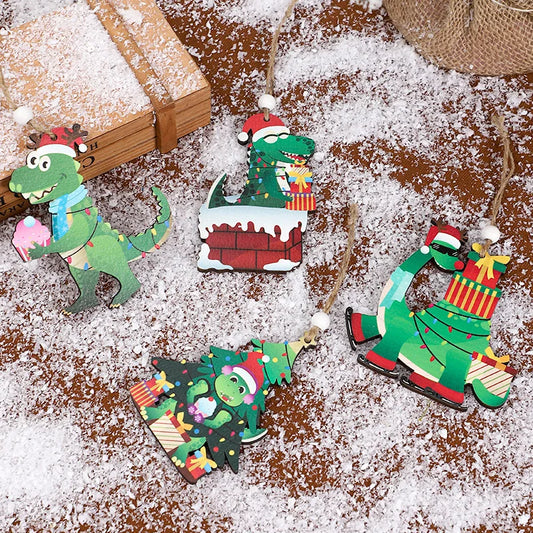 Christmas Decorations Cute Christmas Dinosaurs Wooden Crafts Christmas Tree Pendants