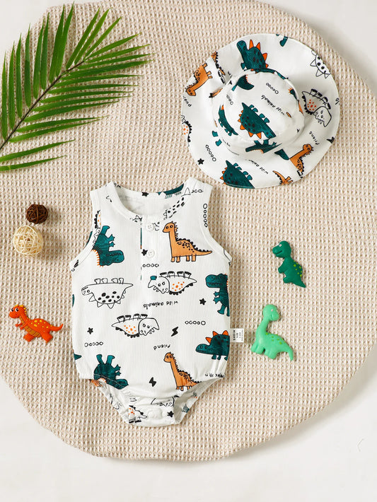 Breathable Thin Crewneck Sleeveless Vest Harbin Boys And Girls Baby Cartoon Dinosaur Print Triangle Onesie Cute Hat Two-PieceSet