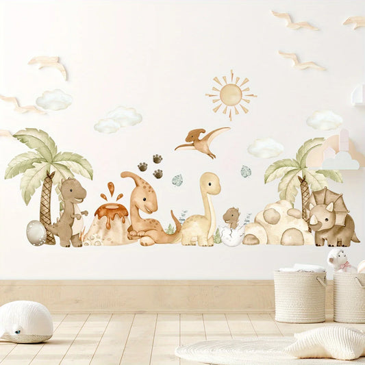 Pastel Beige Cartoon Dinosaur Wall Stickers with Clouds & Sun - Nursery & Bedroom Decor