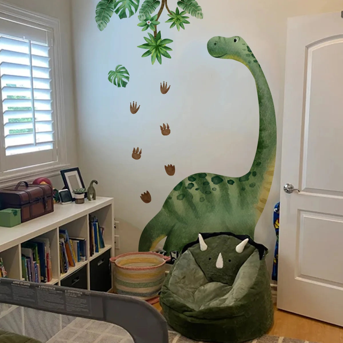 Cartoon Dinosaur Wall Sticker with Green Leaves & Footprints - Kids Room Decor, Self-Adhesive PVC