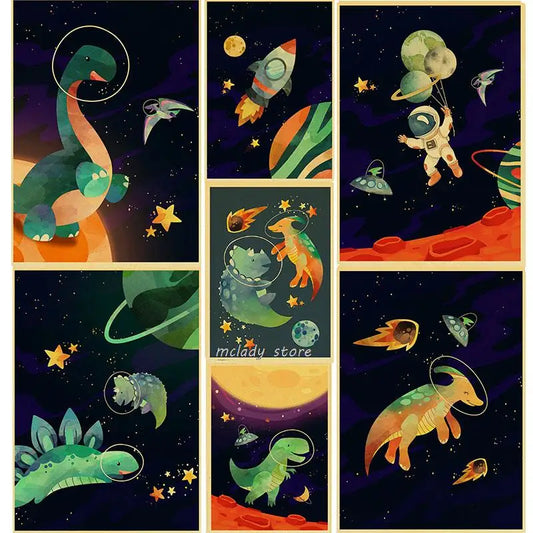 Cartoon Space Dinosaur Wall Art - Vintage Retro Posters & Prints for Kids Room Decor