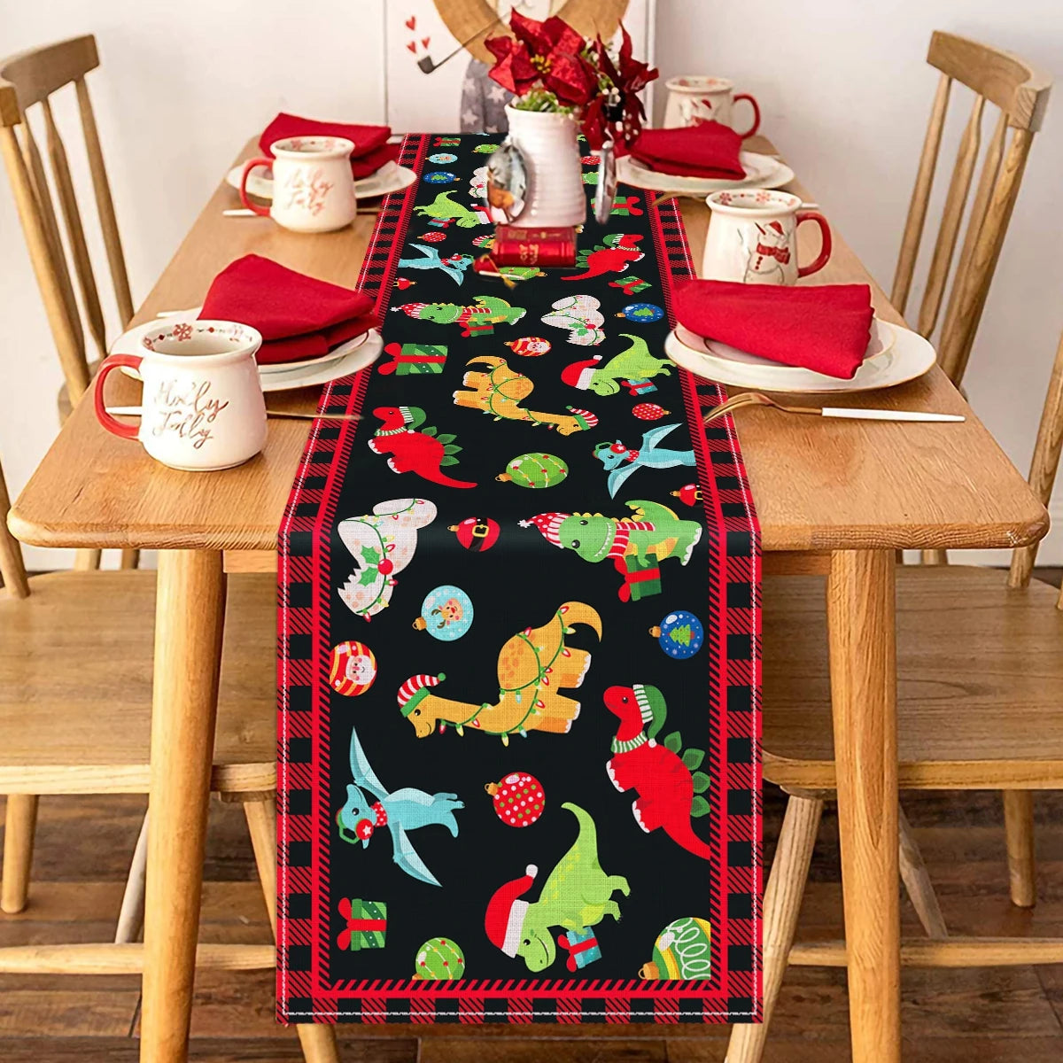 Christmas Dinosaur Table Runner Merry Christmas Decoration For Home 2024 Happy New Year 2025