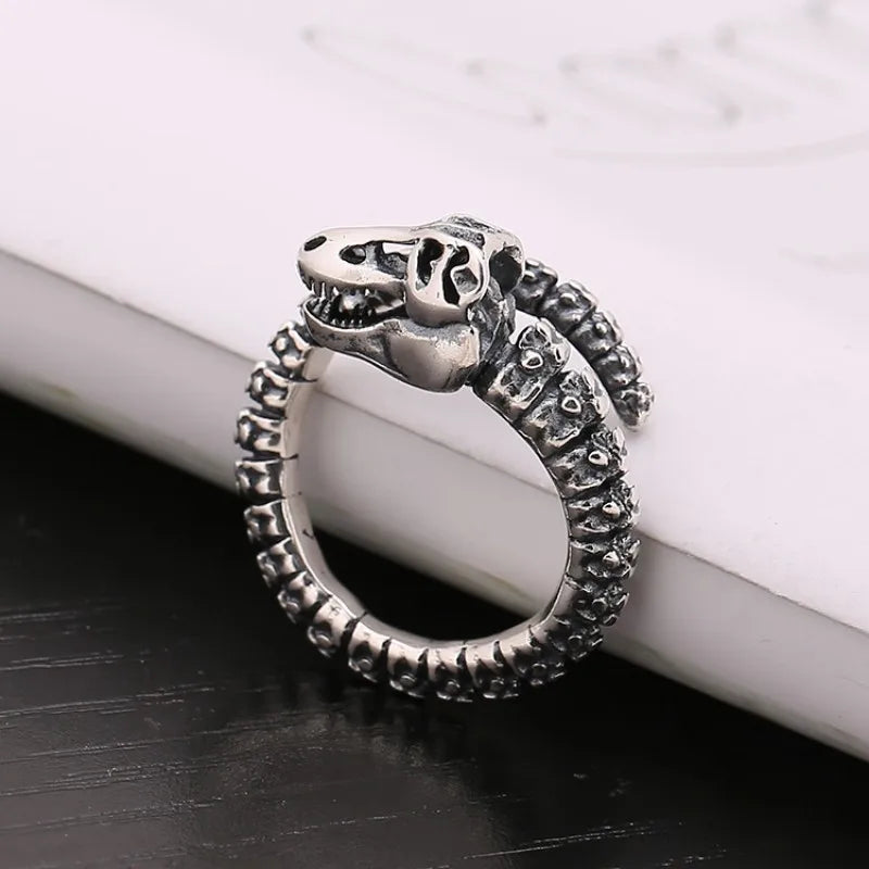 Buyee 925 Sterling Silver Big Ring Finger Cute Black Dinosaur Bone Ring for Woman Man Fashion Unique Punk Fine Jewelry Circle