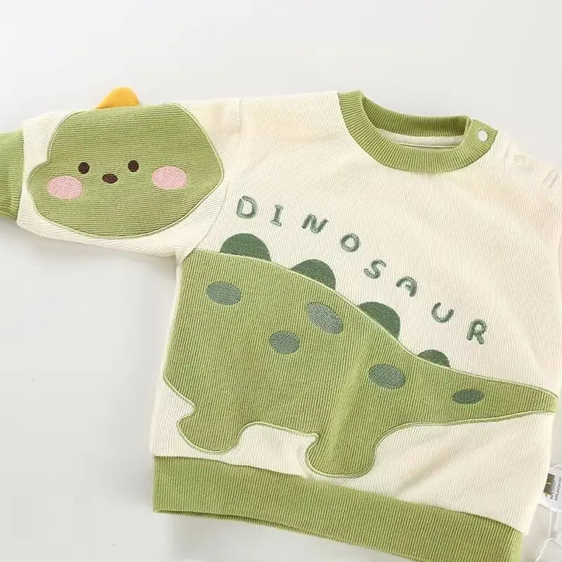 Kids 2-Piece Dinosaur Outfit – Cartoon Hoodie & Green Pants