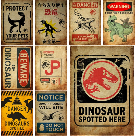 Dinosaur Danger Retro Warning Sign Poster - Vintage Aesthetic Wall Art for Home, Room, or Cafe Decor