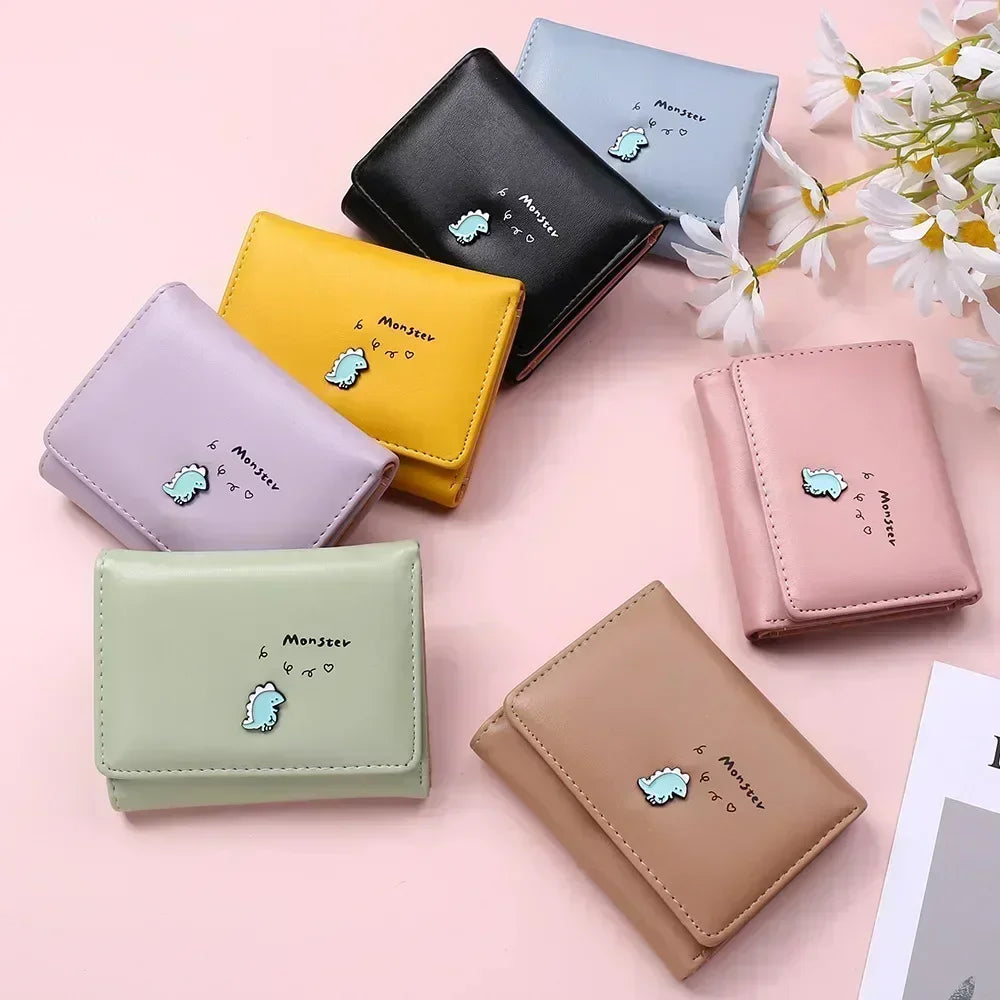 1PC Women Cute Small Dinosaur Wallet Buckle Folding Girl Wallet Brand Designed Pu Leather Coin Purse Female Card Holder