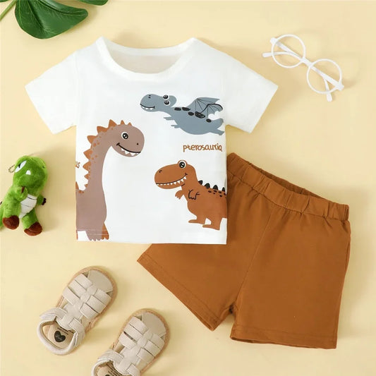 2PCS Summer Toddler Boy Outfit – Short Sleeve Dinosaur Top + Shorts