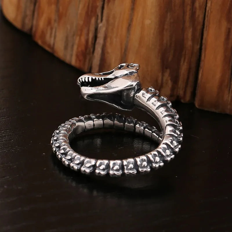 Buyee 925 Sterling Silver Big Ring Finger Cute Black Dinosaur Bone Ring for Woman Man Fashion Unique Punk Fine Jewelry Circle