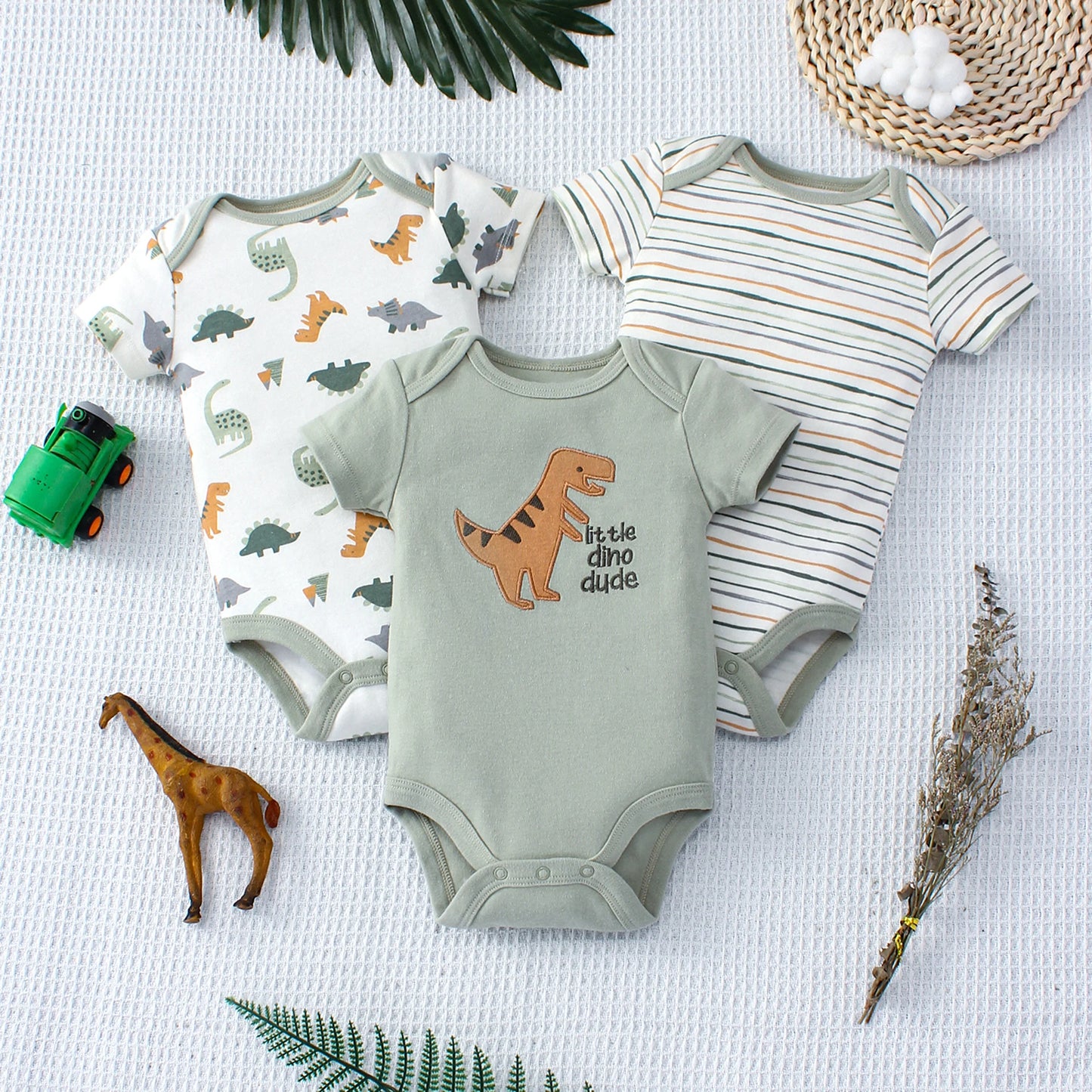 3-Piece Summer Baby Bodysuit Set – Cartoon Dinosaur & Stripe Patterns with Button Design, 0-9 Months