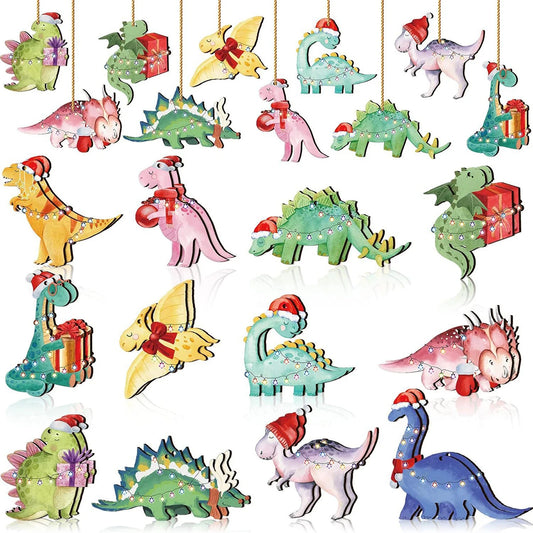 24pcs Christmas Wooden Ornaments Christmas Dinosaur Ornaments Cute Christmas Holiday Decorations Christmas Party Gifts