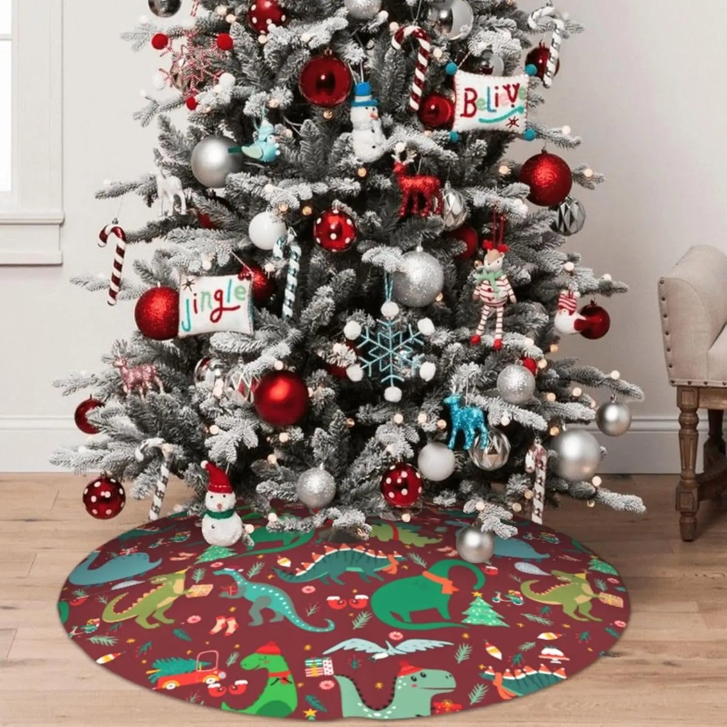 36" Christmas Tree Skirt Xmas Tree Mat, Funny Party Decor Supplies for Halloween Decorations Occasion Dinosaur