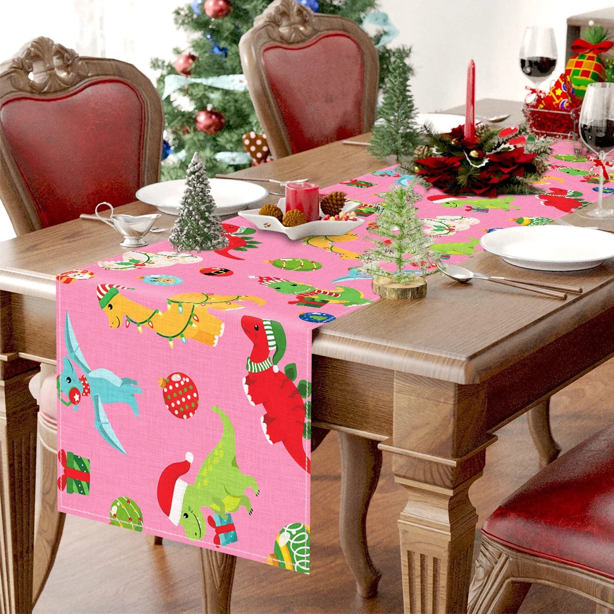 Christmas Dinosaur Table Runner Merry Christmas Decoration For Home 2024 Happy New Year 2025