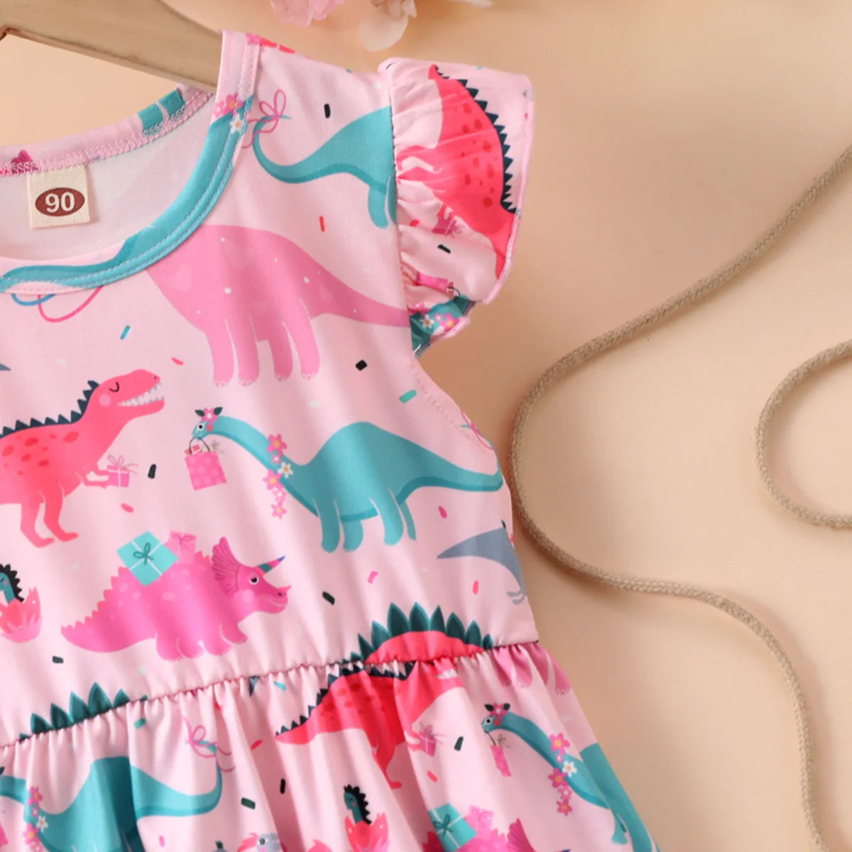 Pink Girl Dresses Dinosaur Print Flying Sleeve Summer Dress 2-8 Years