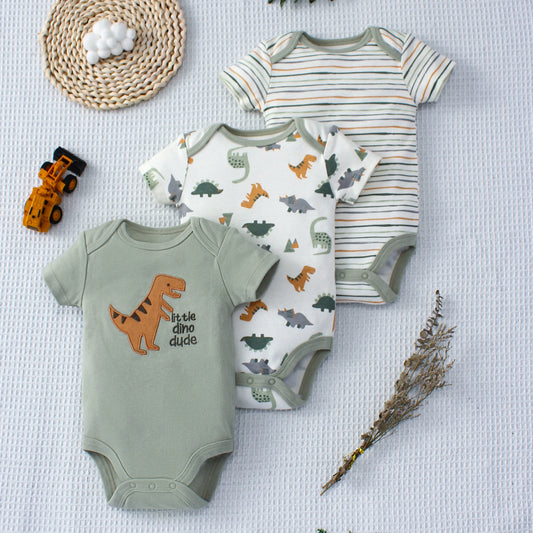 3-Piece Summer Baby Bodysuit Set – Cartoon Dinosaur & Stripe Patterns with Button Design, 0-9 Months