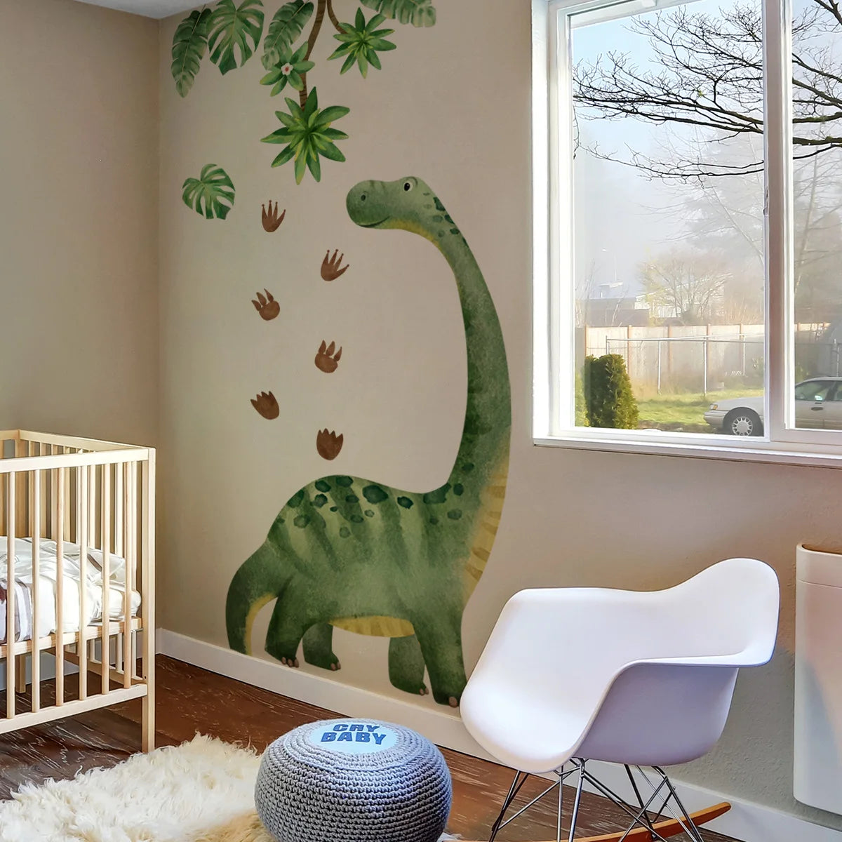 Cartoon Dinosaur Wall Sticker with Green Leaves & Footprints - Kids Room Decor, Self-Adhesive PVC